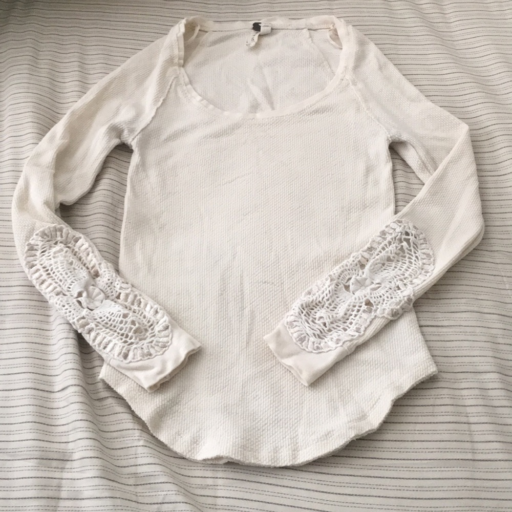 Free People cream thermal with crochet on sleeves
